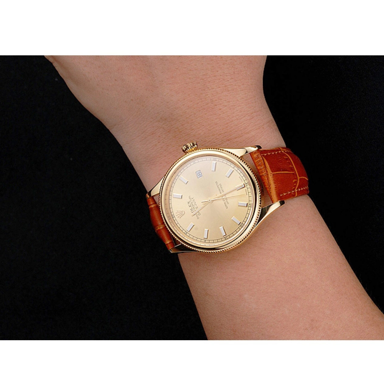 Good copy rolex watches Dial Light Leather Brown Swiss Strap Rolex Gold Gold Datejust Case 0806